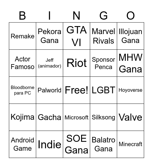 Game Awards Bingo Card