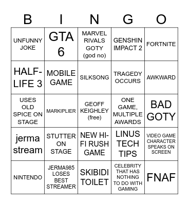 the game awards bingo Card