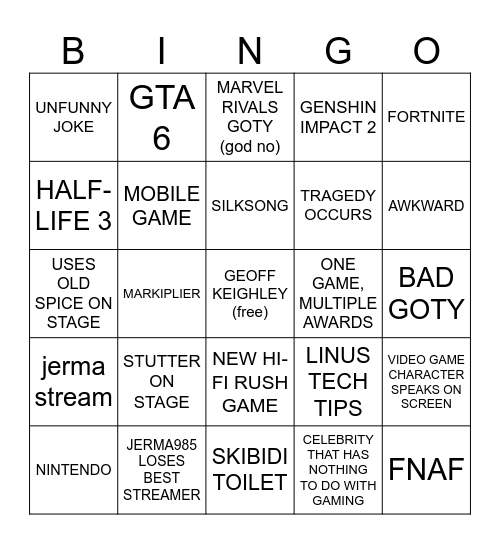 the game awards bingo Card