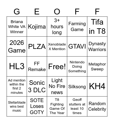 Game Awards 2024 Bingo Card