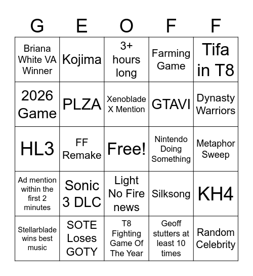 Game Awards 2024 Bingo Card