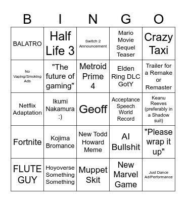 The Game Awards 2024 Bingo Card