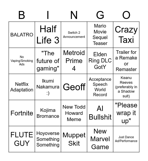 The Game Awards 2024 Bingo Card
