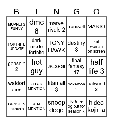 GAME AWARDS CUMMING GAMERS Bingo Card