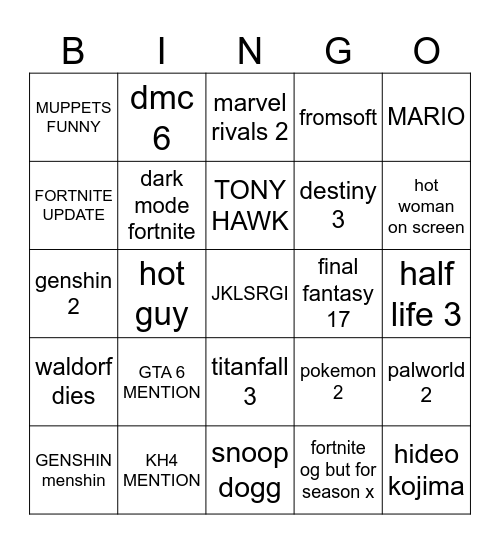 GAME AWARDS CUMMING GAMERS Bingo Card