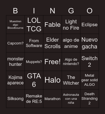 Game awards Bingo Card