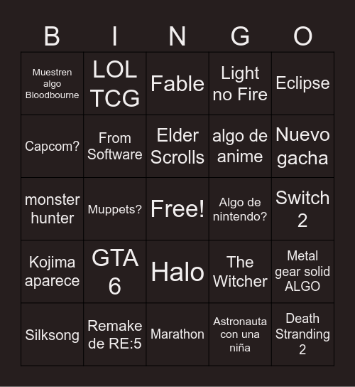 Game awards Bingo Card