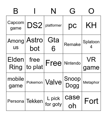 Game Awards Bingo Card