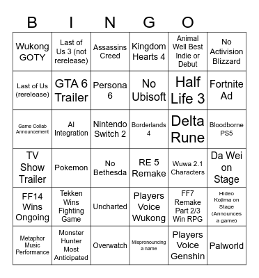 TGA 2024 Bingo Card
