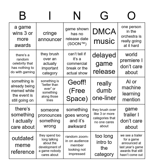 Game Awards Bingo Card