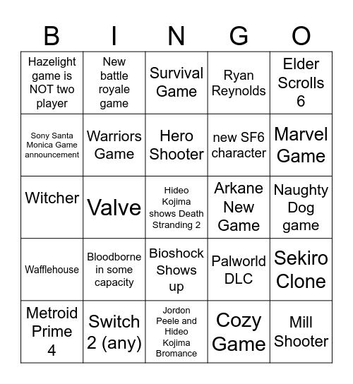 Game Awards 2024 Dorito Pope Worship Party Bingo Card