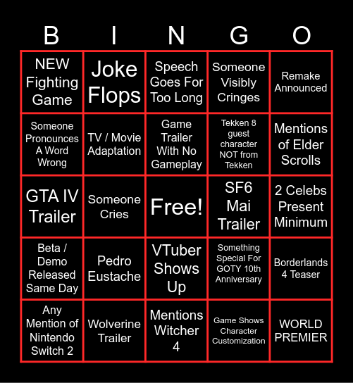 GAME AWARDS 2024 Bingo Card