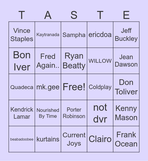 Good Music Taste Bingo Card