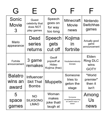 Geoff Keighley's Gamer Show Bingo Card