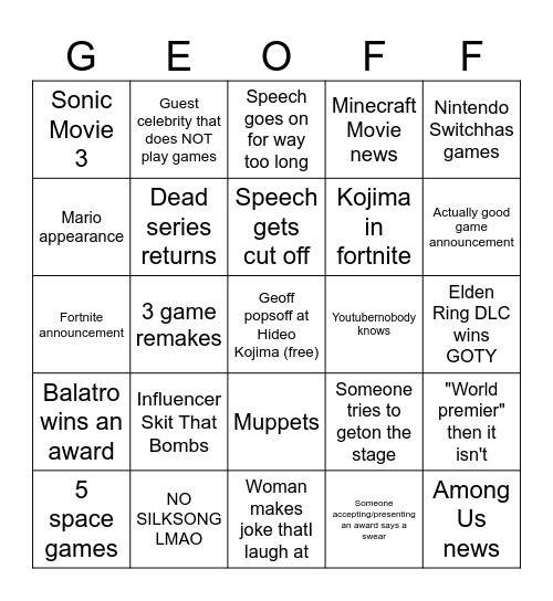 Geoff Keighley's Gamer Show Bingo Card