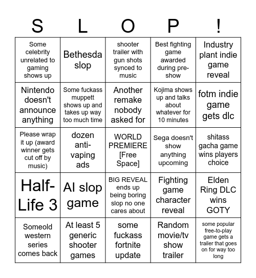 SLOP Awards Bingo Card