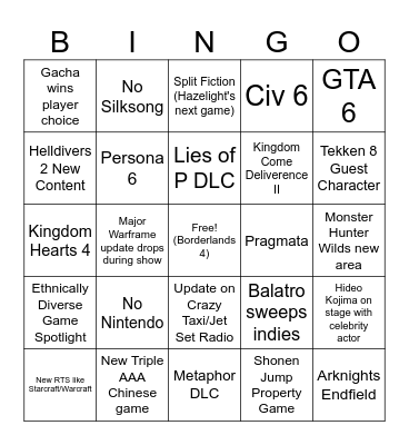 Game Awards bingo Card