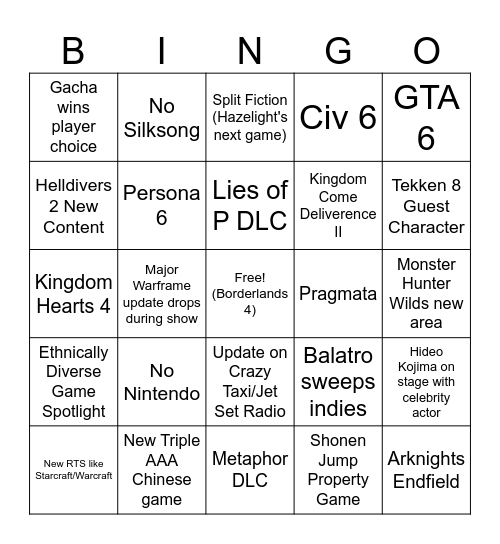 Game Awards bingo Card