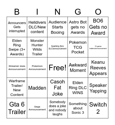 Game Awards Bingo Card