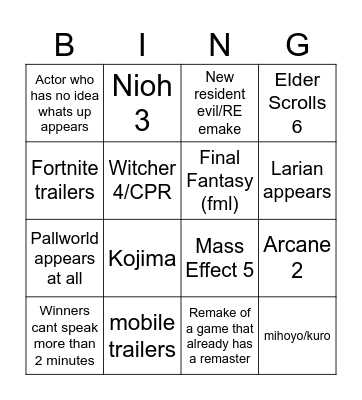 game awards lmao Bingo Card