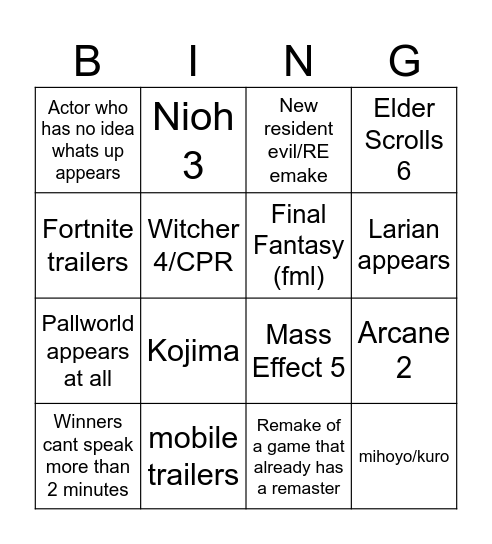game awards lmao Bingo Card