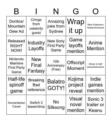 Game Awards 2024 Bingo Card