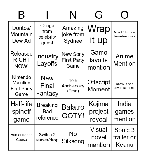 Game Awards 2024 Bingo Card