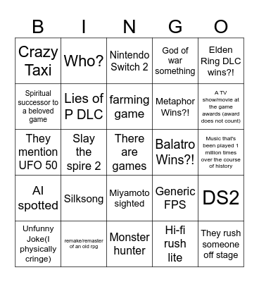 TGA Bingo Card