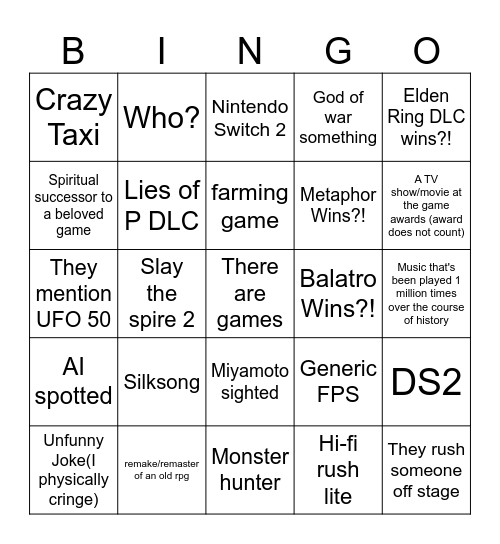TGA Bingo Card