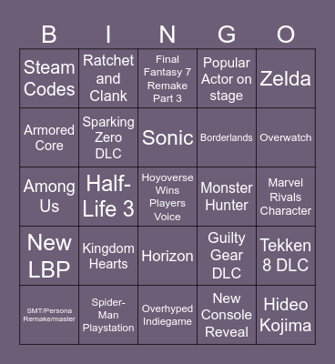 Game Awards 2024 Bingo Card