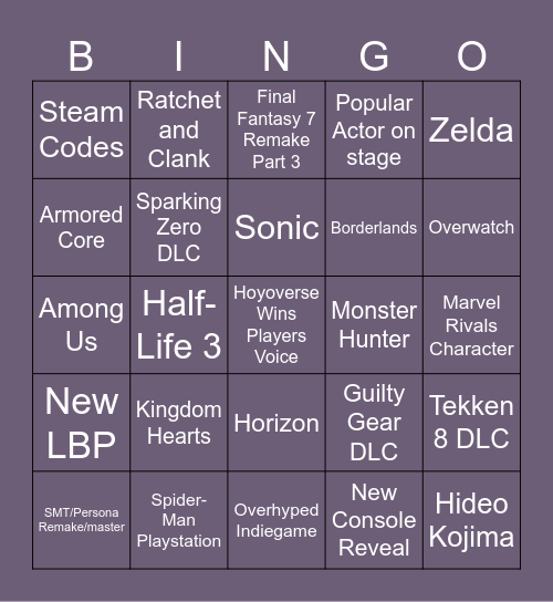 Game Awards 2024 Bingo Card