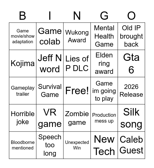 2024 Game Awards Bingo Card