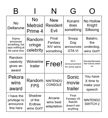 THE GAME AWARDS OFFICIAL BINGO CARD Bingo Card