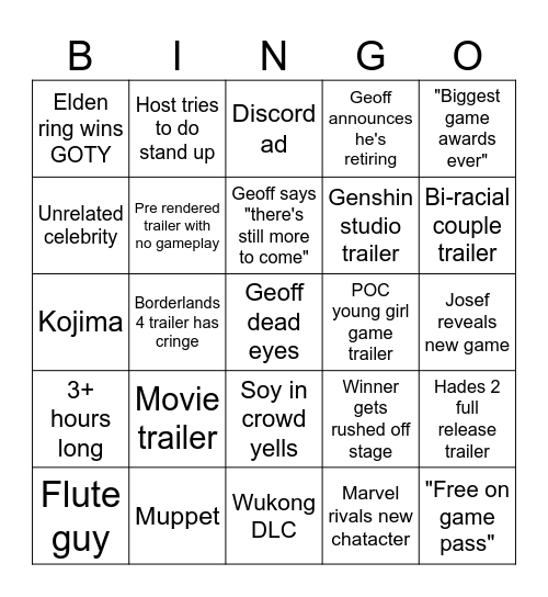 Game Awards Bingo Card