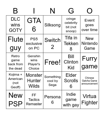 Game Awards 2024 Bingo Card