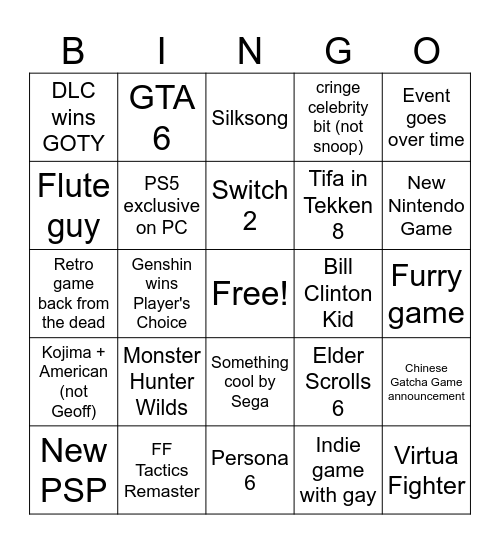 Game Awards 2024 Bingo Card