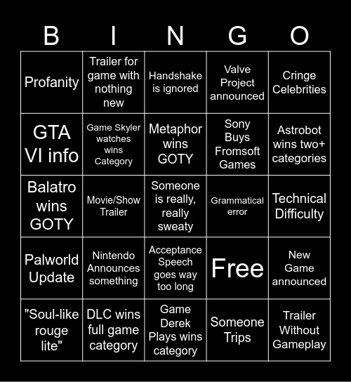 Game Awards Bingo Card