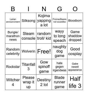 Game Awards Bingo Card