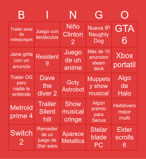 GAME AWARDS 2024 Bingo Card