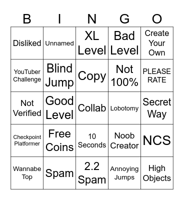 Geometry Dash Recent Tab BINGO Card