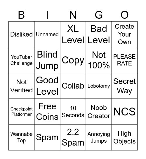 Geometry Dash Recent Tab BINGO Card