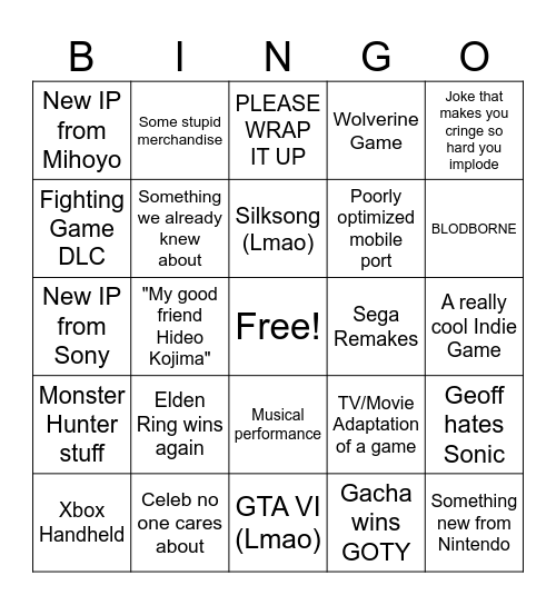 Game Awards 2024 Bingo Card