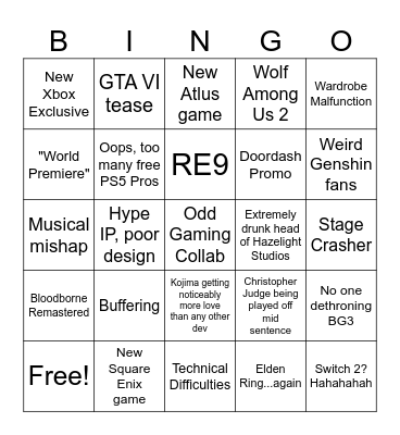 Game Awards 2024 Bingo Card