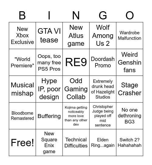 Game Awards 2024 Bingo Card