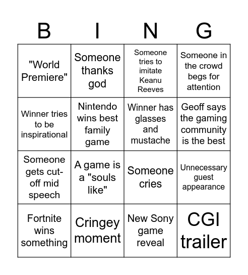 Game awards 2024 Bingo Card