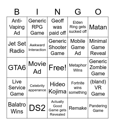 TGA Bingo Card