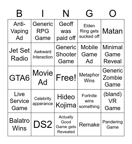 TGA Bingo Card