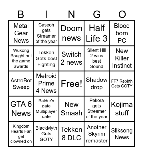 Game Awards BINGO Card