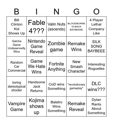 2024 Game Awards Bingo Card