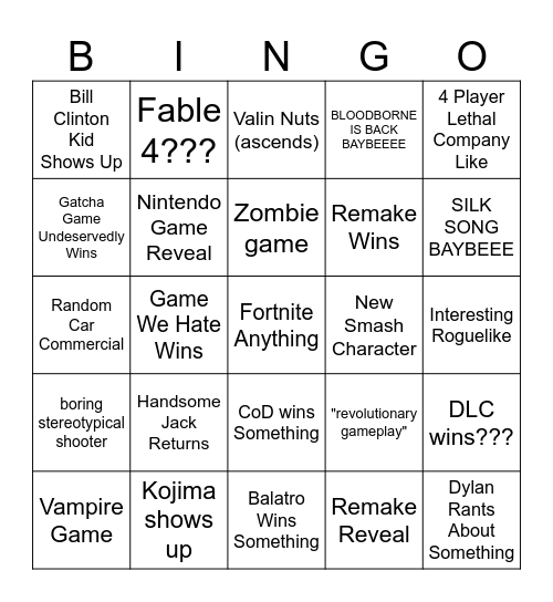 2024 Game Awards Bingo Card